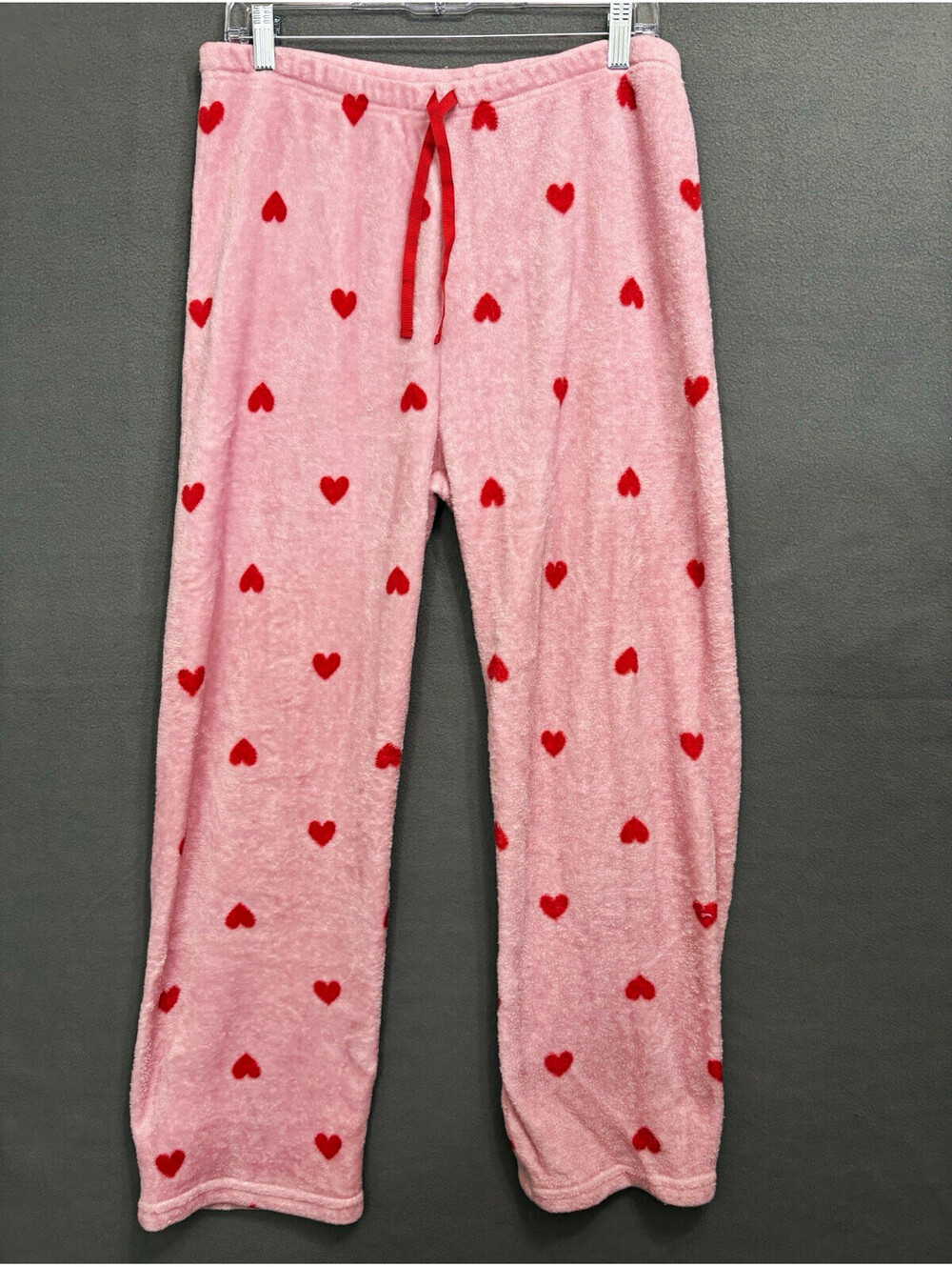 Pink Red Fleece Heart Print Drawstring Waist Pajama Pants, Women’s L